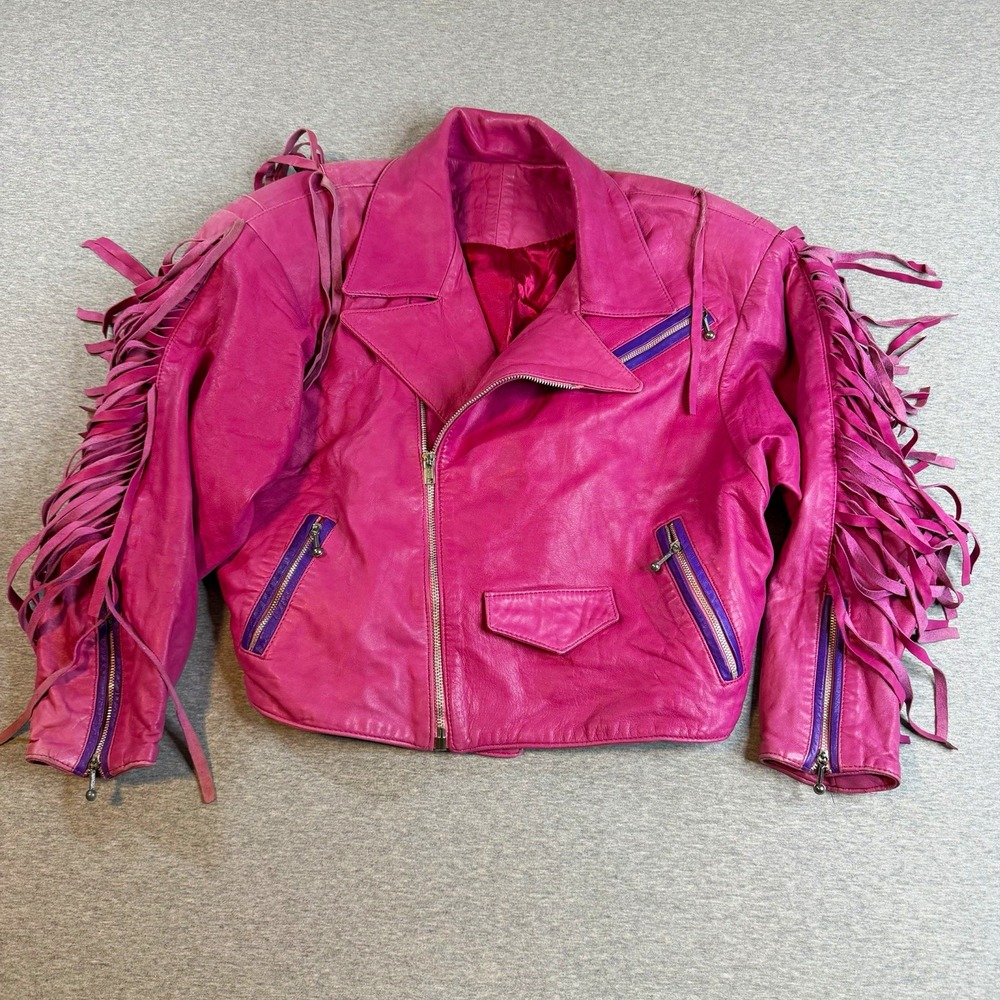 Vintage Pink Leather Jacket Long Fringe Heavy Excel Metal Zip Moto Biker Read